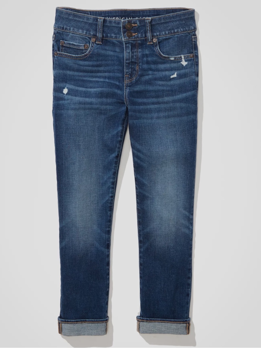 American Eagle Stretch Blue Low Rise Artist Cropped Distressed Jeans Sz 12